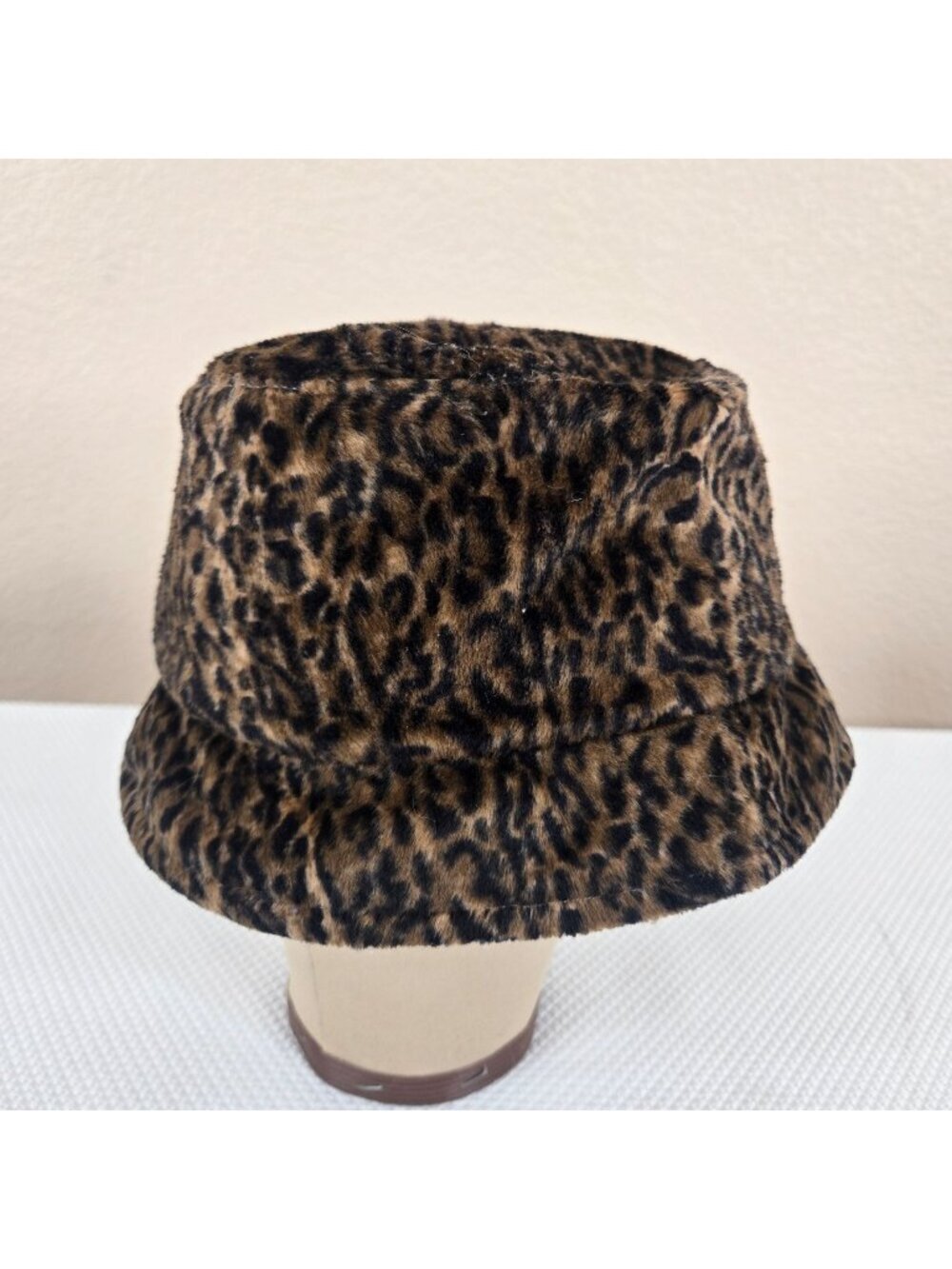 Vintage 80s Leopard Print Faux Fur Bucket Hat Brown Black
